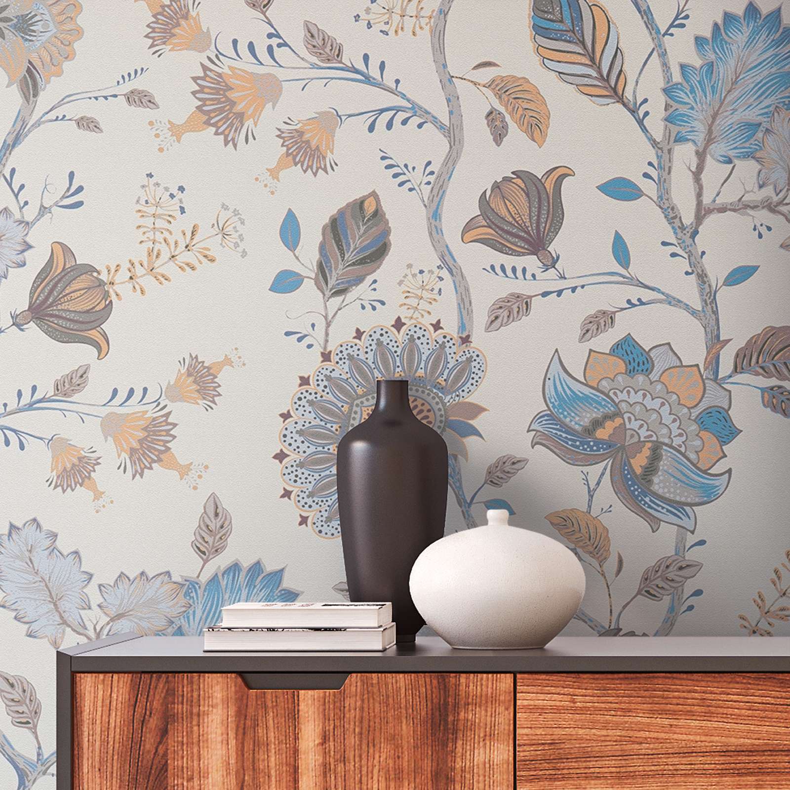             Vliestapete mit floralem Muster - Blau, Creme, Grau
        