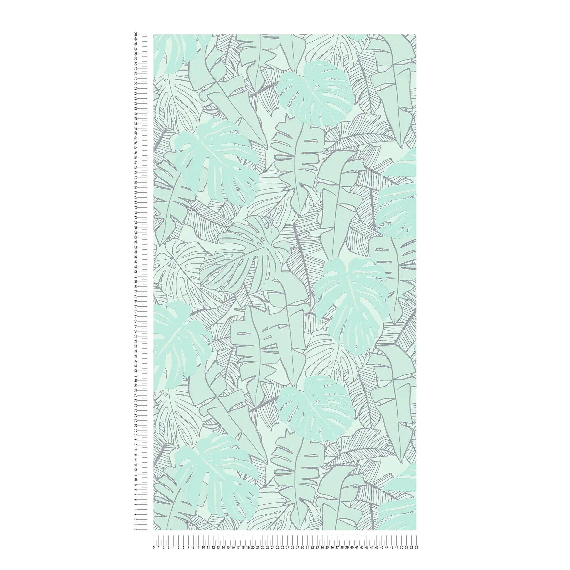 Pastel non-woven wallpaper with banana leaves &amp; glossy effect - mint, green, metallic