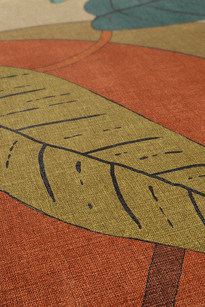             Abstrakte Vliestapete mit Blättern und grafischen Mustern – Beige, Blau, Rot
        