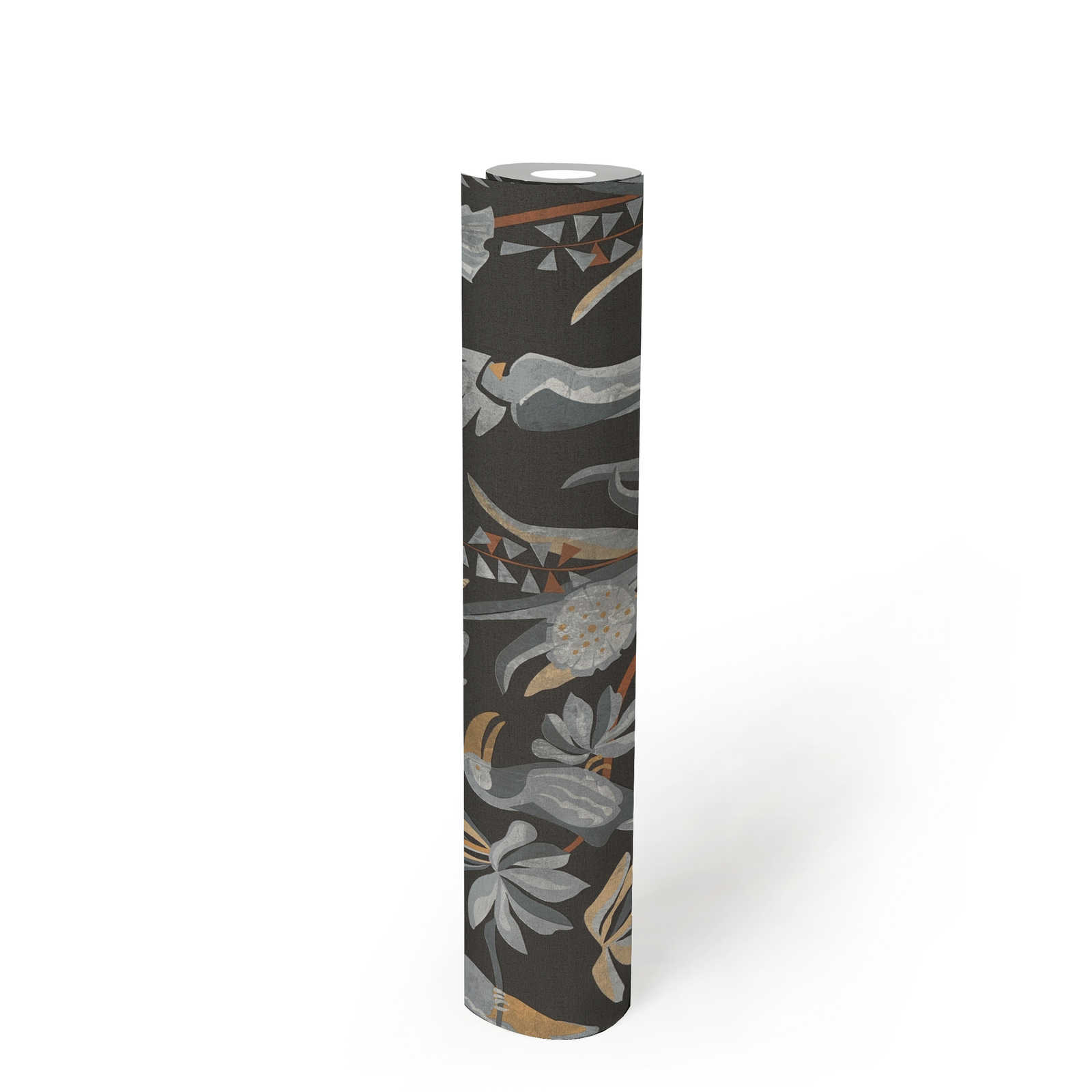             Tapete mit Dschungelpflanzen und Vögeln – Schwarz, Grau, Beige
        