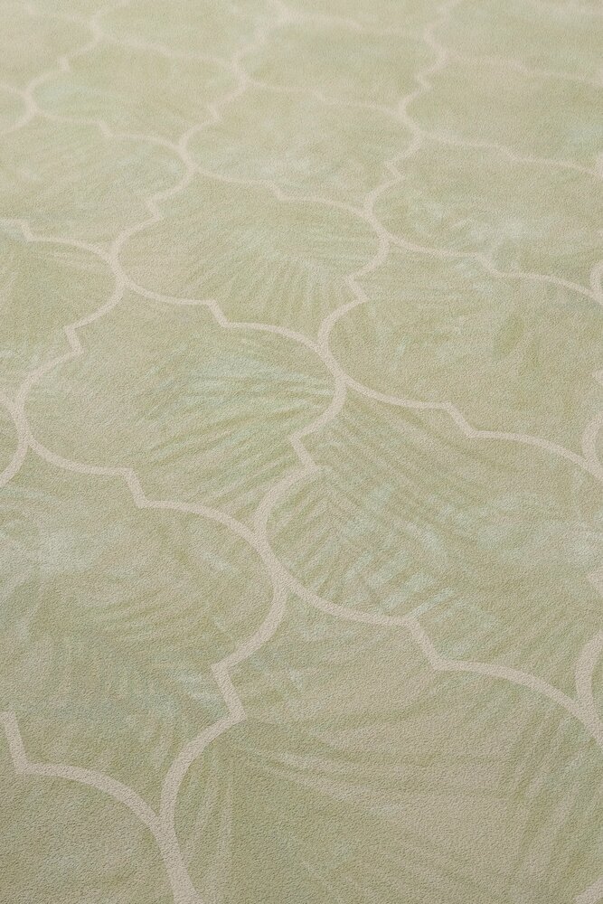             Florale Blätter Tapete mit Fliesen Ornament – Beige
        