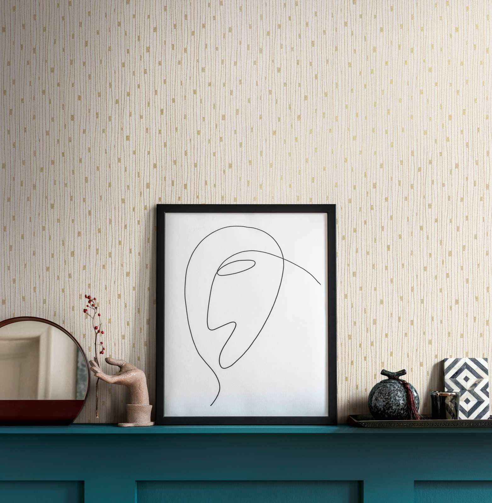             Retro Tapete 50er Jahre Linienmuster – Creme, Metallic
        