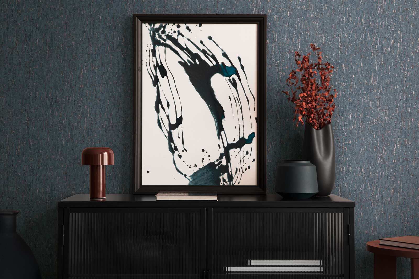             Vliestapete in Putzoptik mit Akzenten – Blau, Bronze, Metallic
        