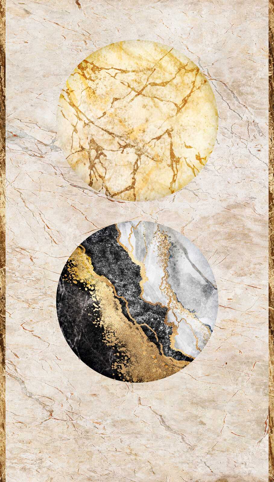 Luxuriöse Marmor Vliestapete mit Kreisen und goldenen Akzenten – Beige, Gold, Schwarz