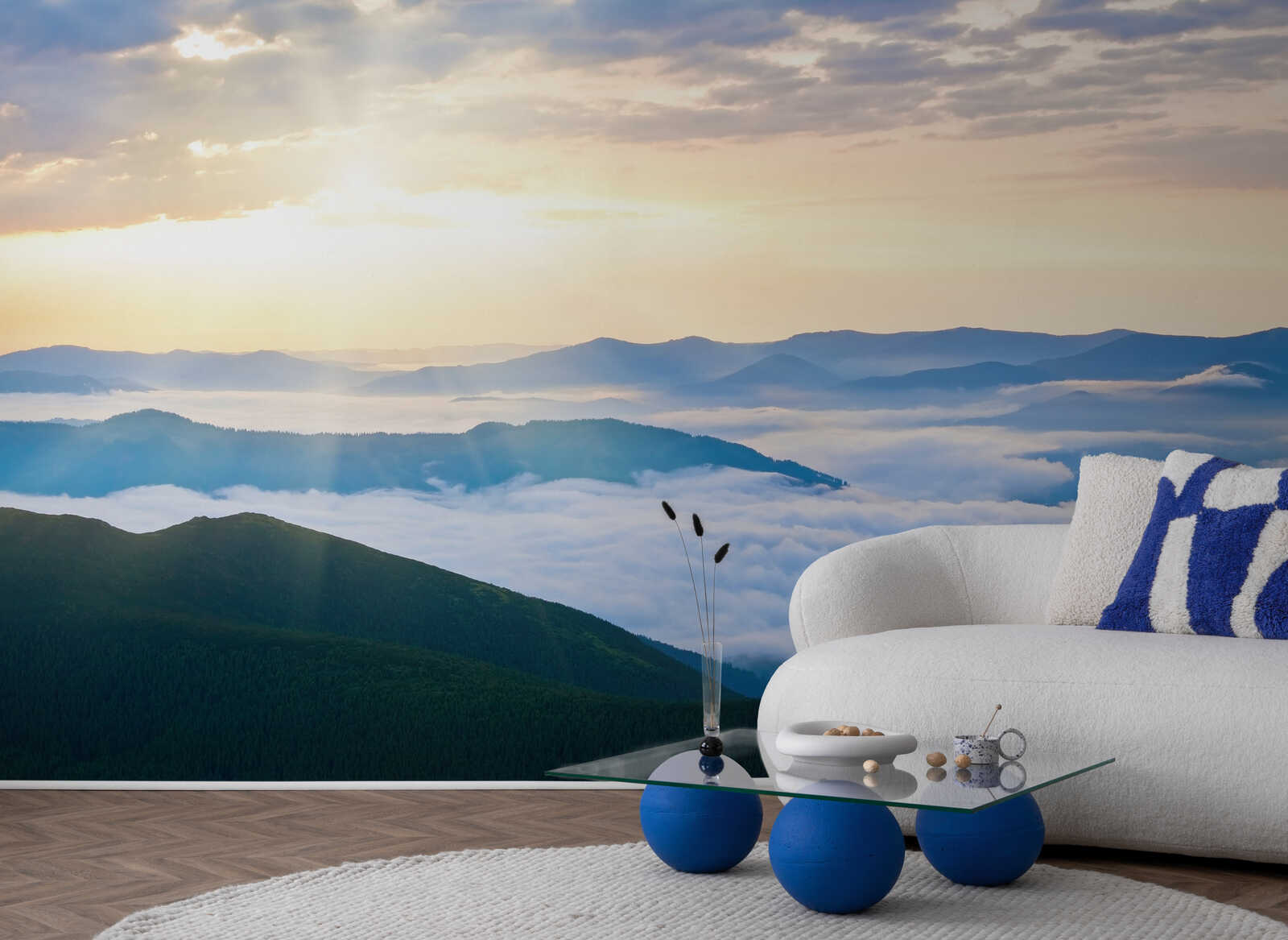 Wandbild-Wohnzimmer, Landschaftsfotografie, Bergblick, Sofa-Tisch-Kombi, Inneneinrichtung-Accessoire