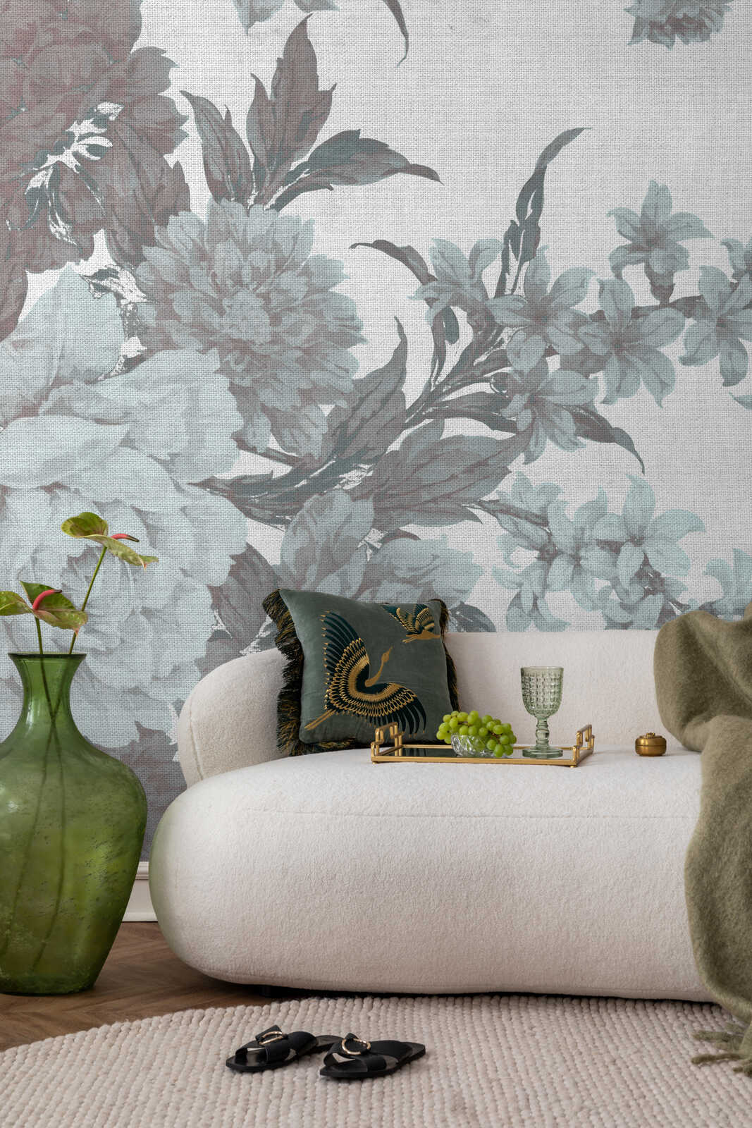 Wandtapete, Blumenmuster, Wohnzimmerdekoration, Sofa, Vase