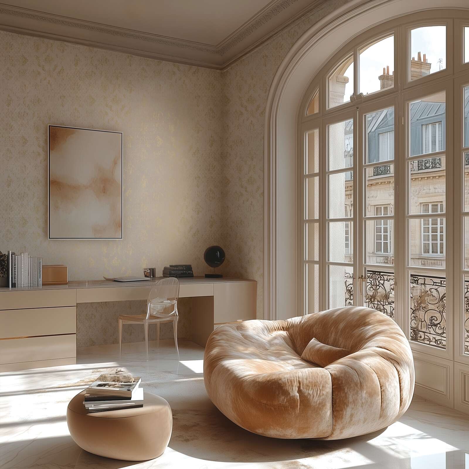 Dezente Vliestapete mit klassischem Ornamentmuster und schimmernden Akzenten, fein strukturiert – Creme, Gold, Metallic