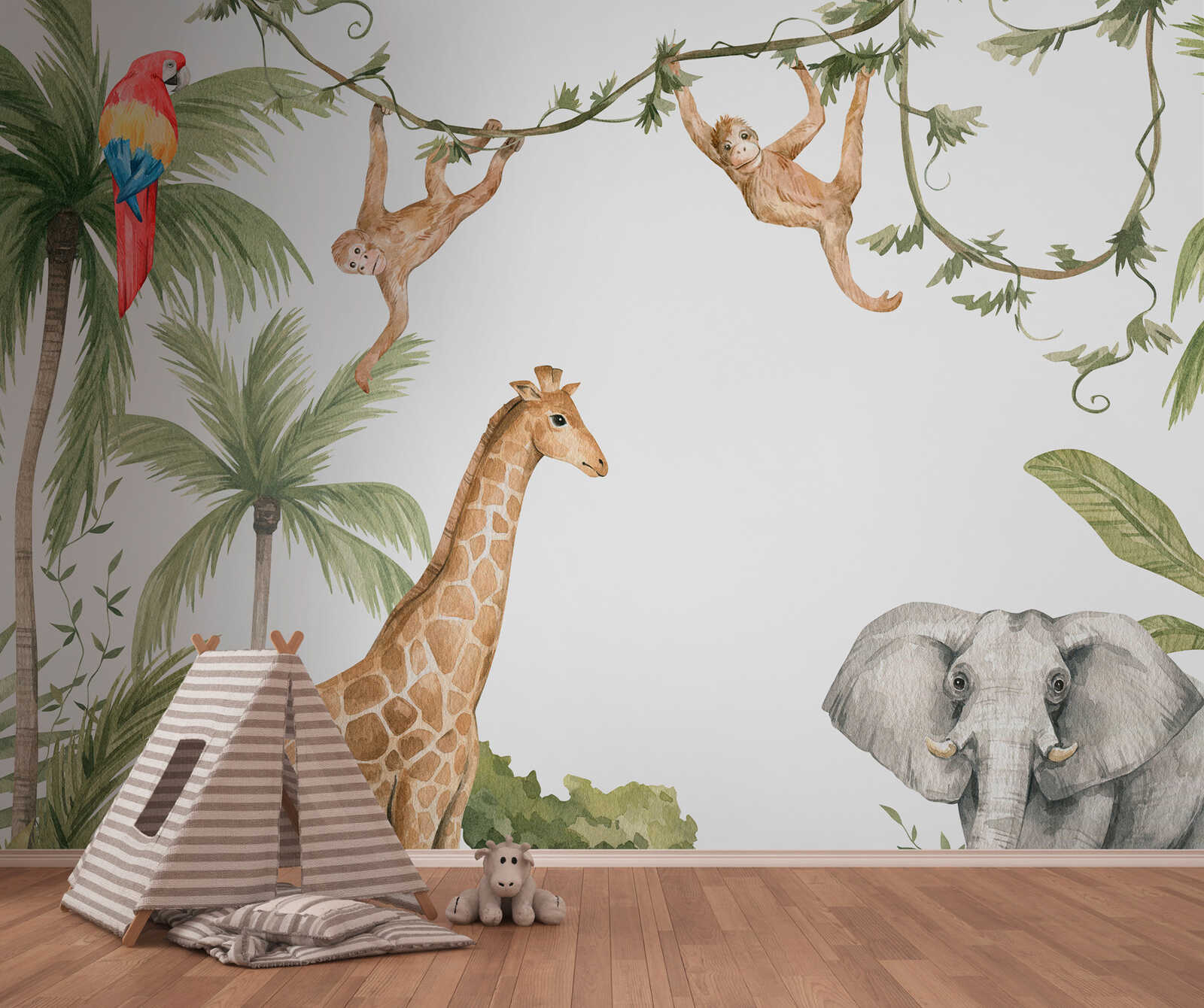         Jungle behang - vliesbehang met exotische dieren en palmbomen voor kinderkamers - kleurrijk
    