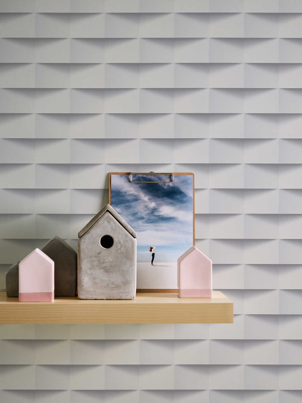 3D-Tapete mit grafischem Design und Schattenwurf – Weiß, Grau