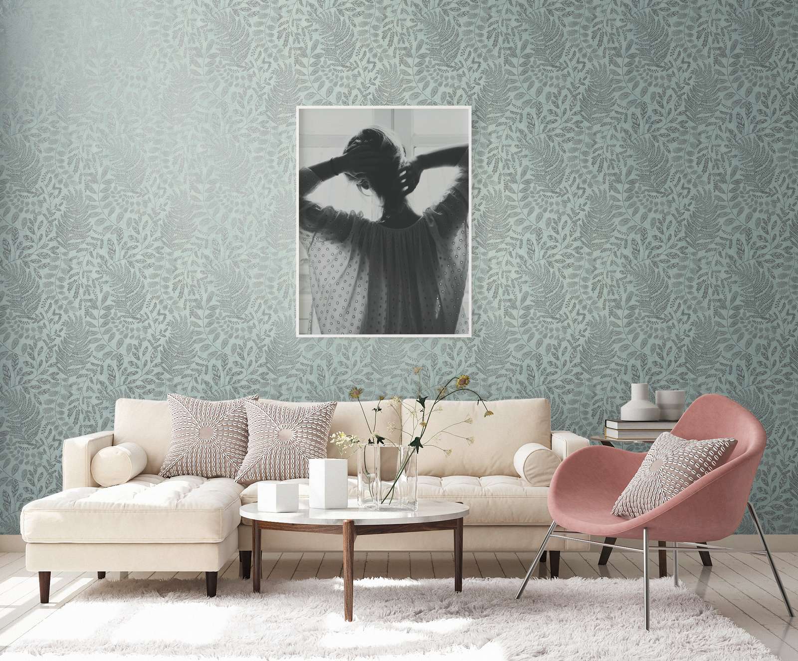             Skandi Tapete mit Blättermuster in Metallic – Blau, Grün
        