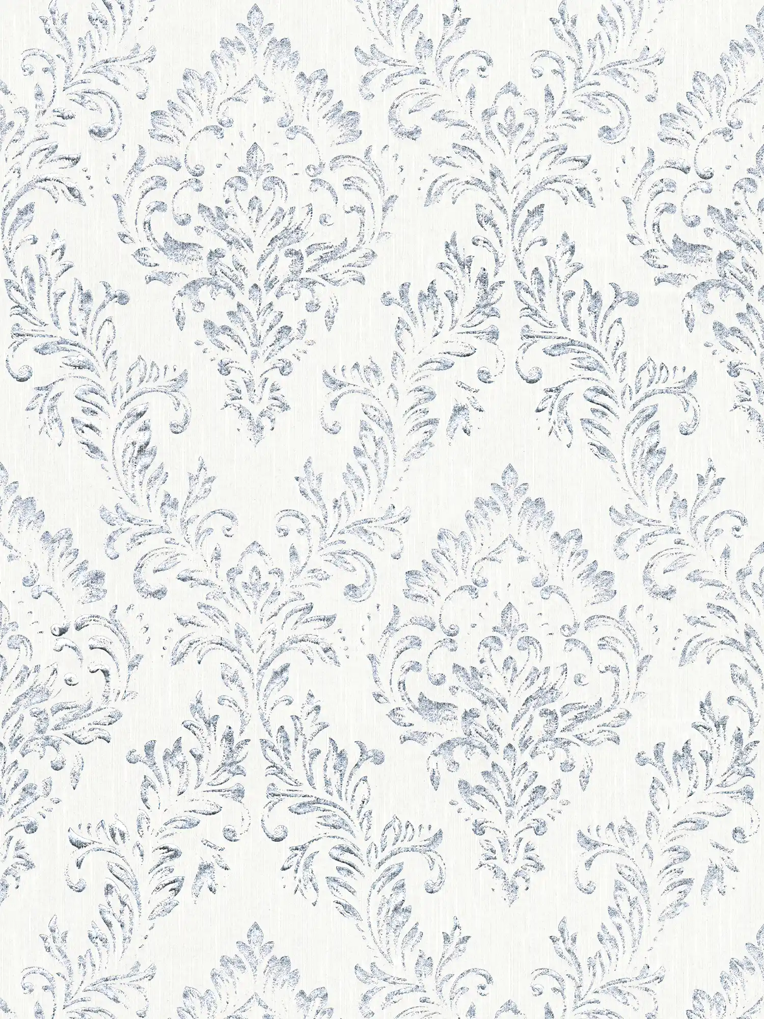         Baroque wallpaper with real textile surface and ornamental pattern made of silver foil - white, silver
    