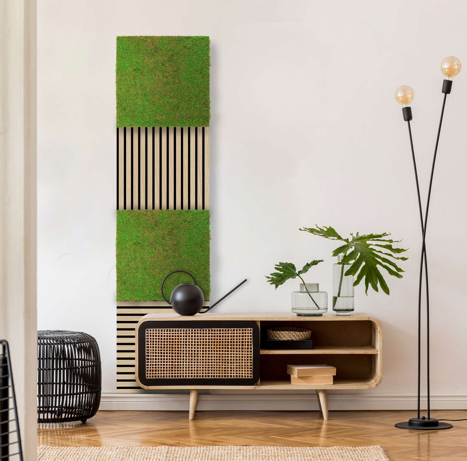 tvistand, wohnzimmerdekoration, pflanzenelement, holzsideboard, steinmauer