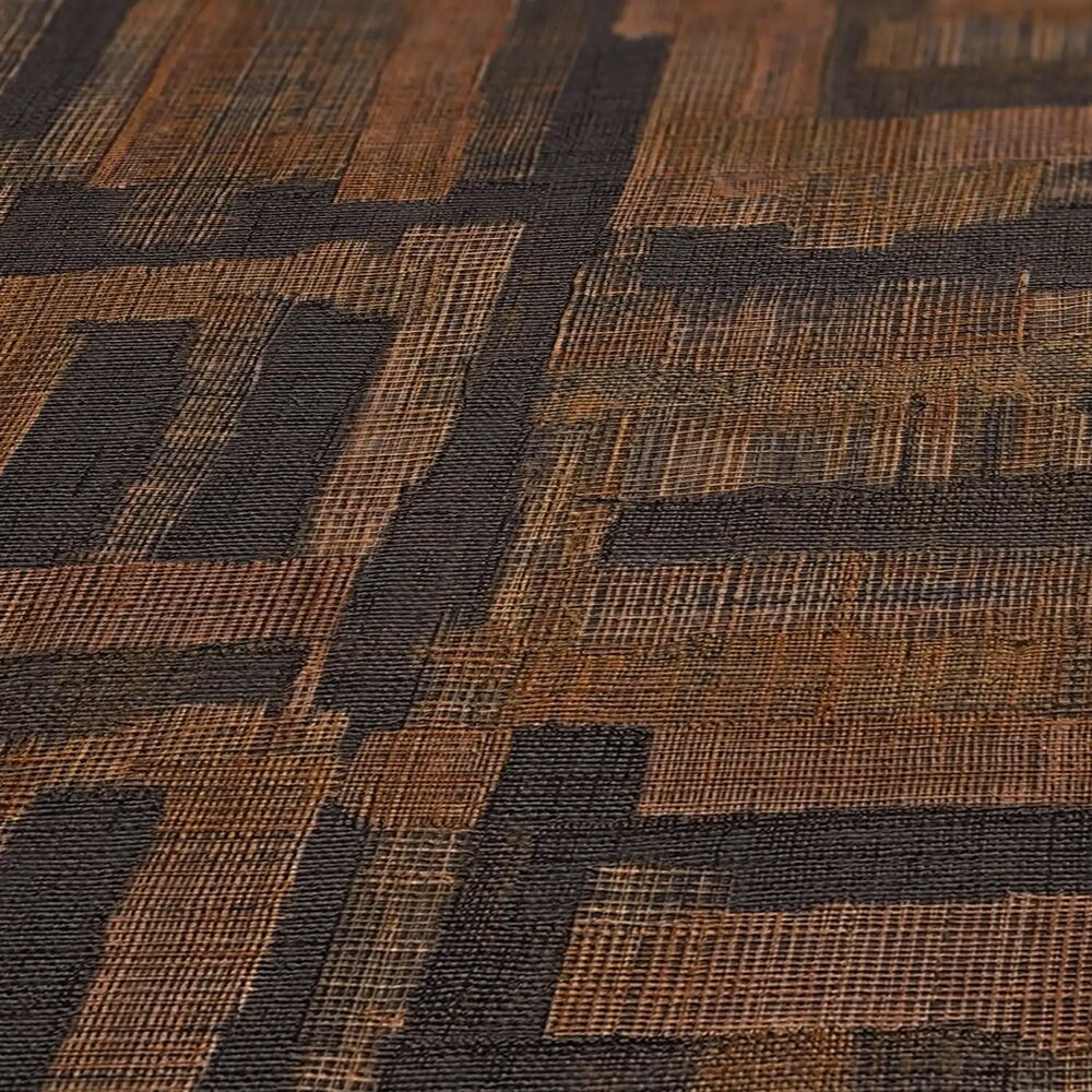 Markante und dunkle Vliestapete mit geometrischem Holzmuster, feine Oberflächenstruktur – Braun, Schwarz