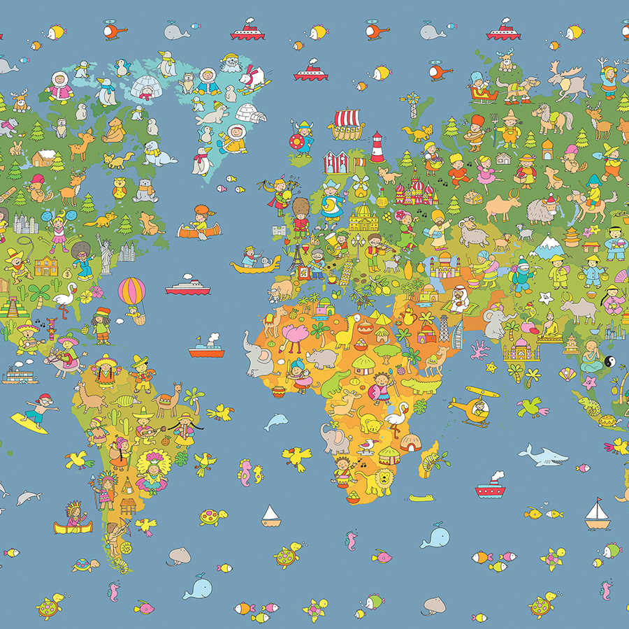         Kids mural world map with country symbols on premium smooth fleece
    