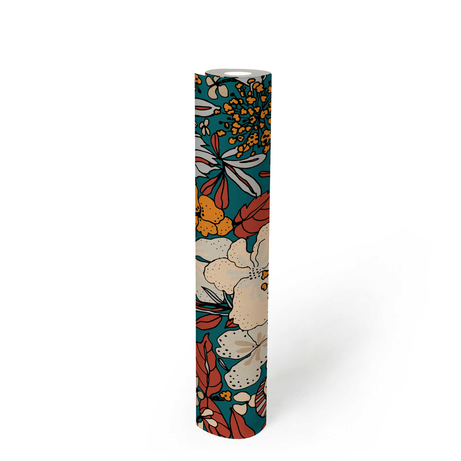             Blumen Tapete Petrol im 70er Retro Design – Bunt, Gelb, Blau
        