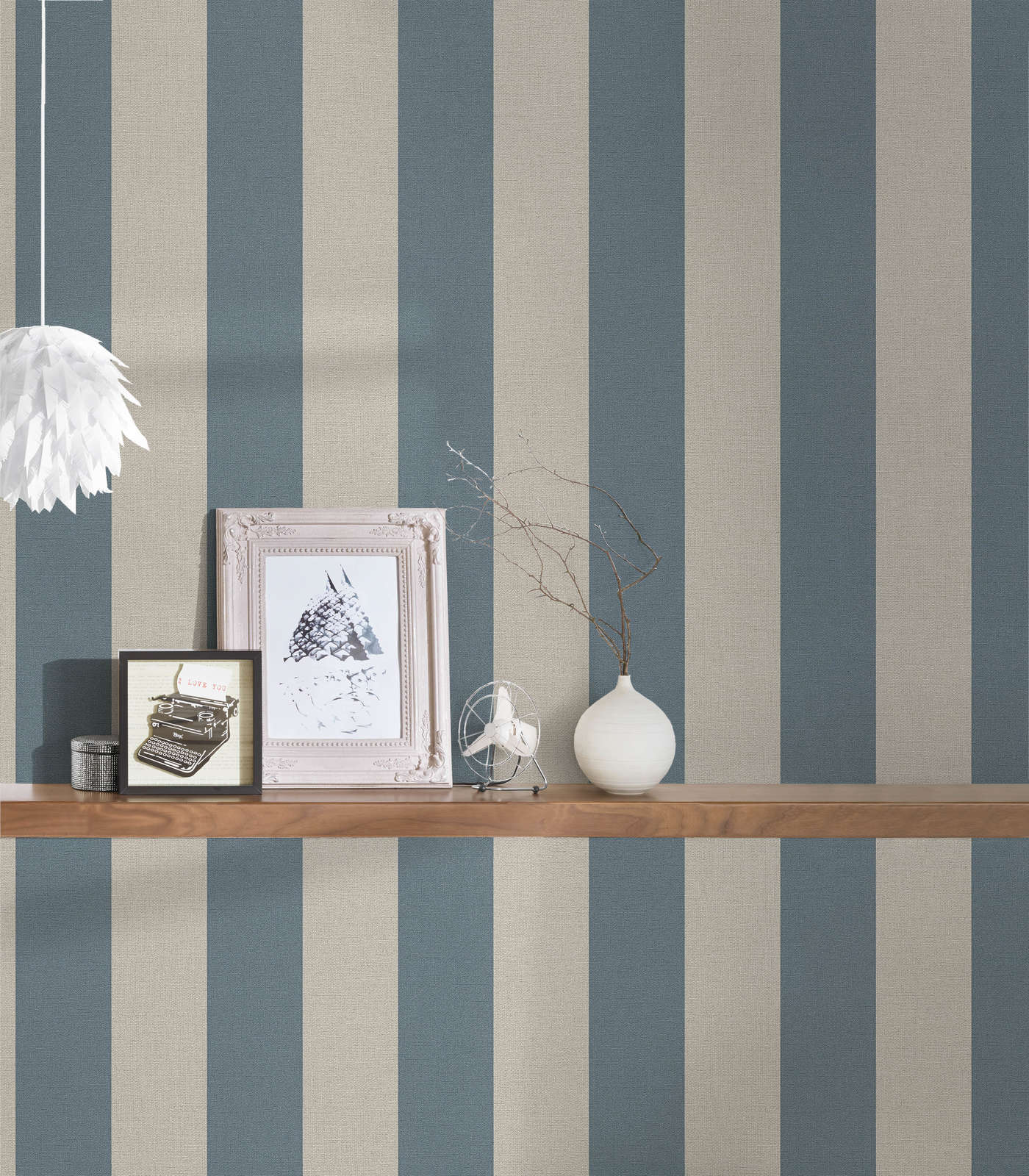             Streifentapete mit Leinenoptik PVC-frei – Blau, Braun
        