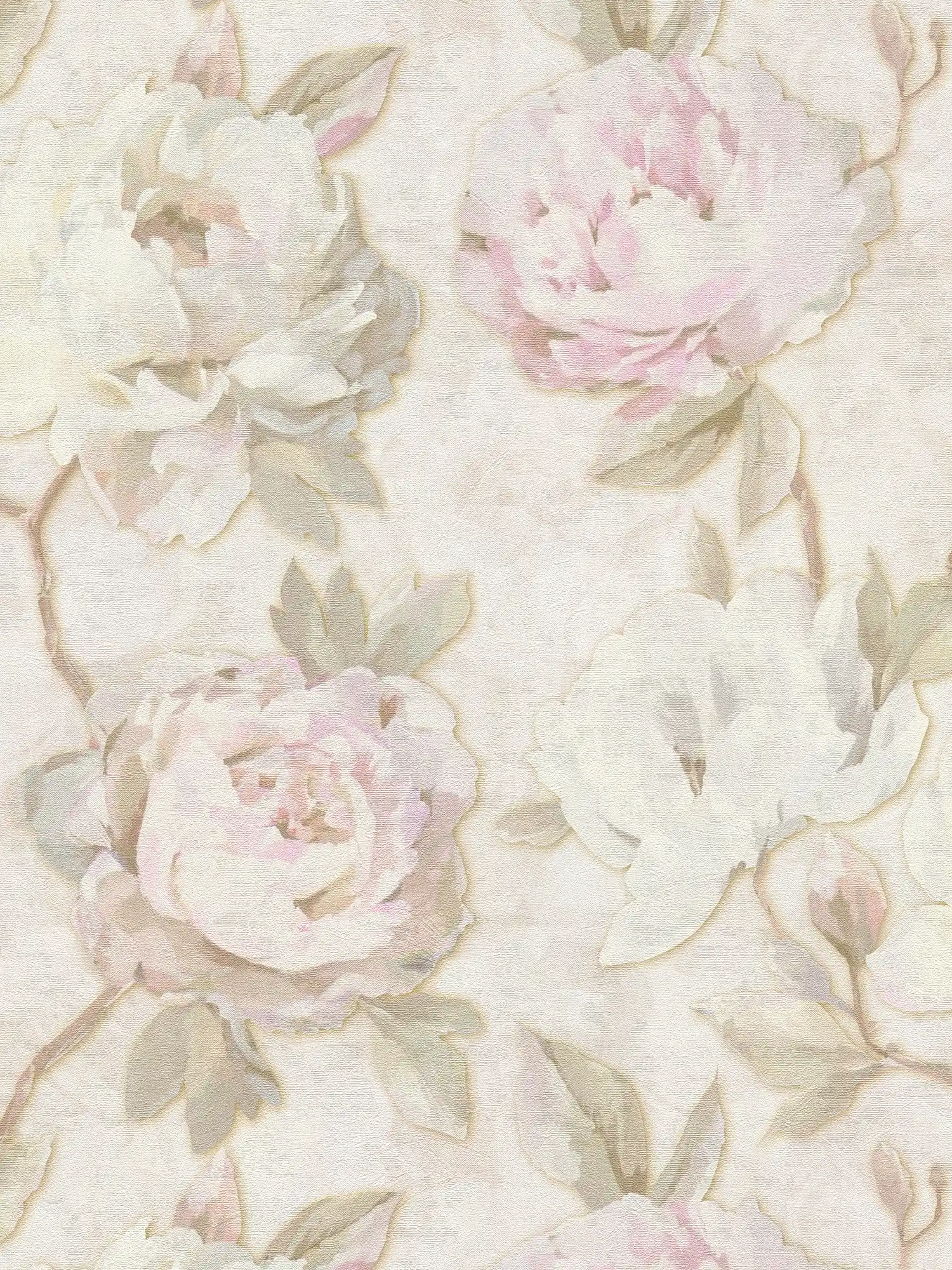         Romantic non-woven wallpaper with rose motif matt and slightly shiny textured - cream, green, pink
    