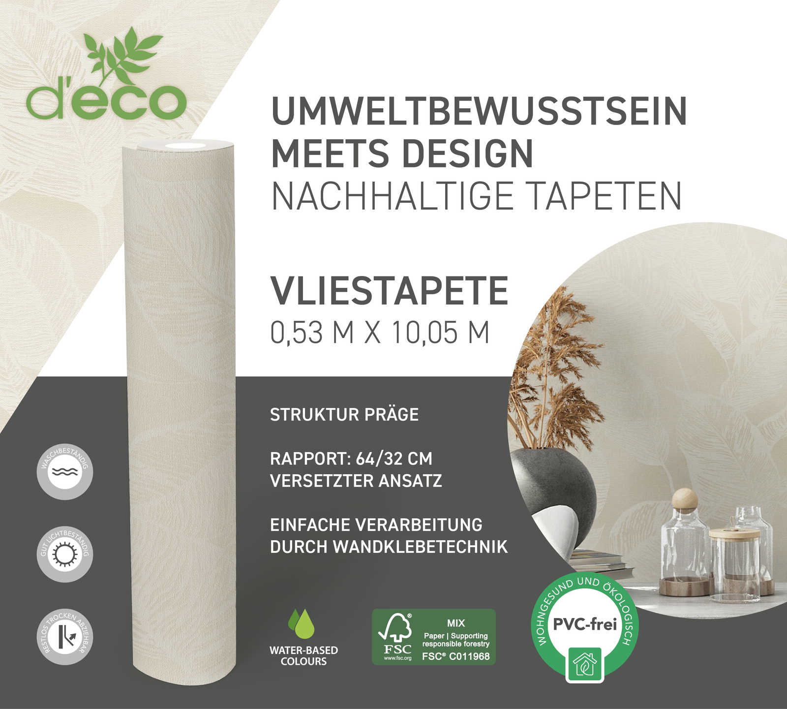 Vliestapete, Tapete, Rollenaufschnitt, Neutraler Ton, PVC-frei
