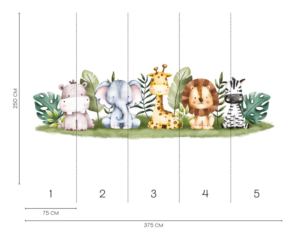             Kinderzimmer Fototapete Dschungelfreunde - niedliche Babytiere als Vliestapete – Bunt
        