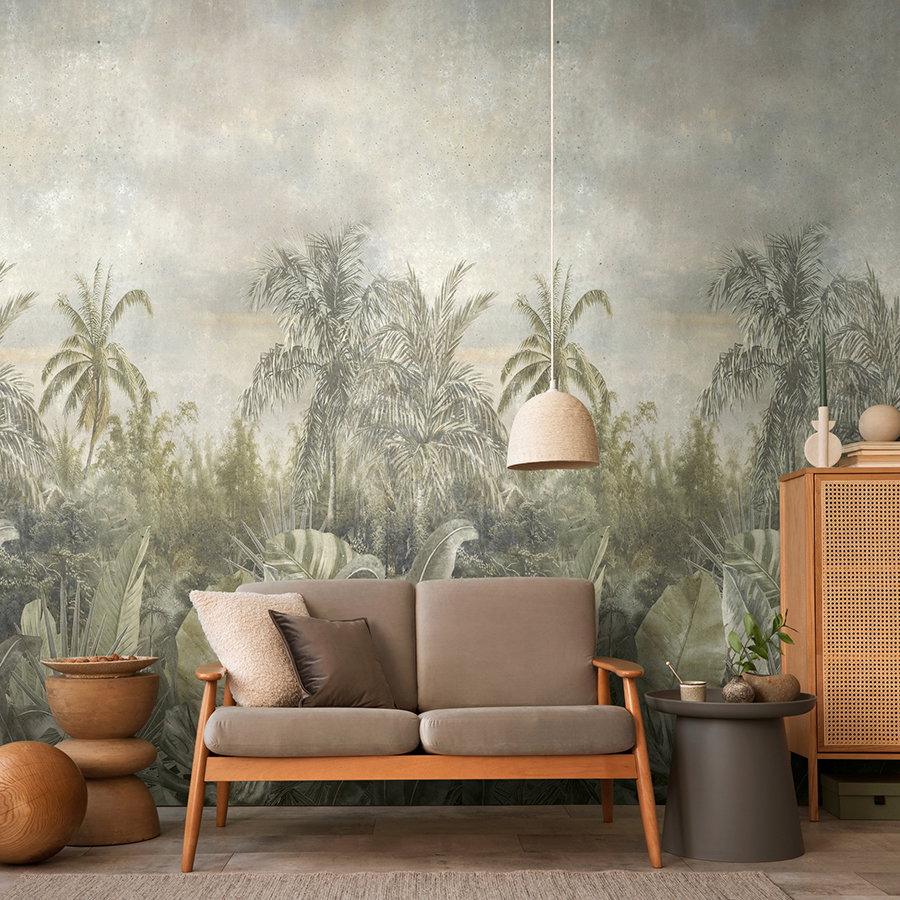 sofa, wohnzimmer, wand mural, palmen, neutrale farben