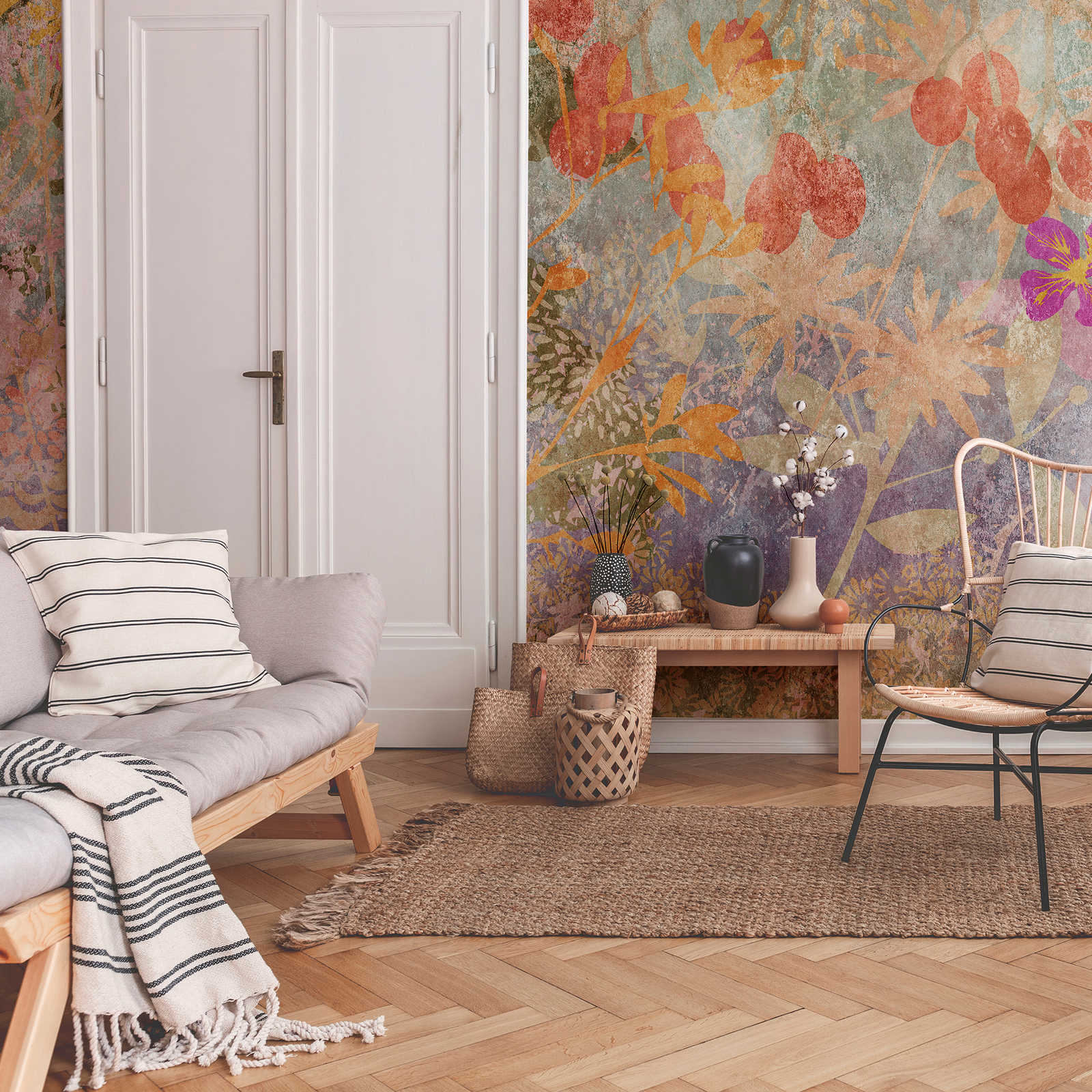 Wohnzimmer,  Wandteppich,  Blumenmuster,  Naturtöne,  Leinen-Textur