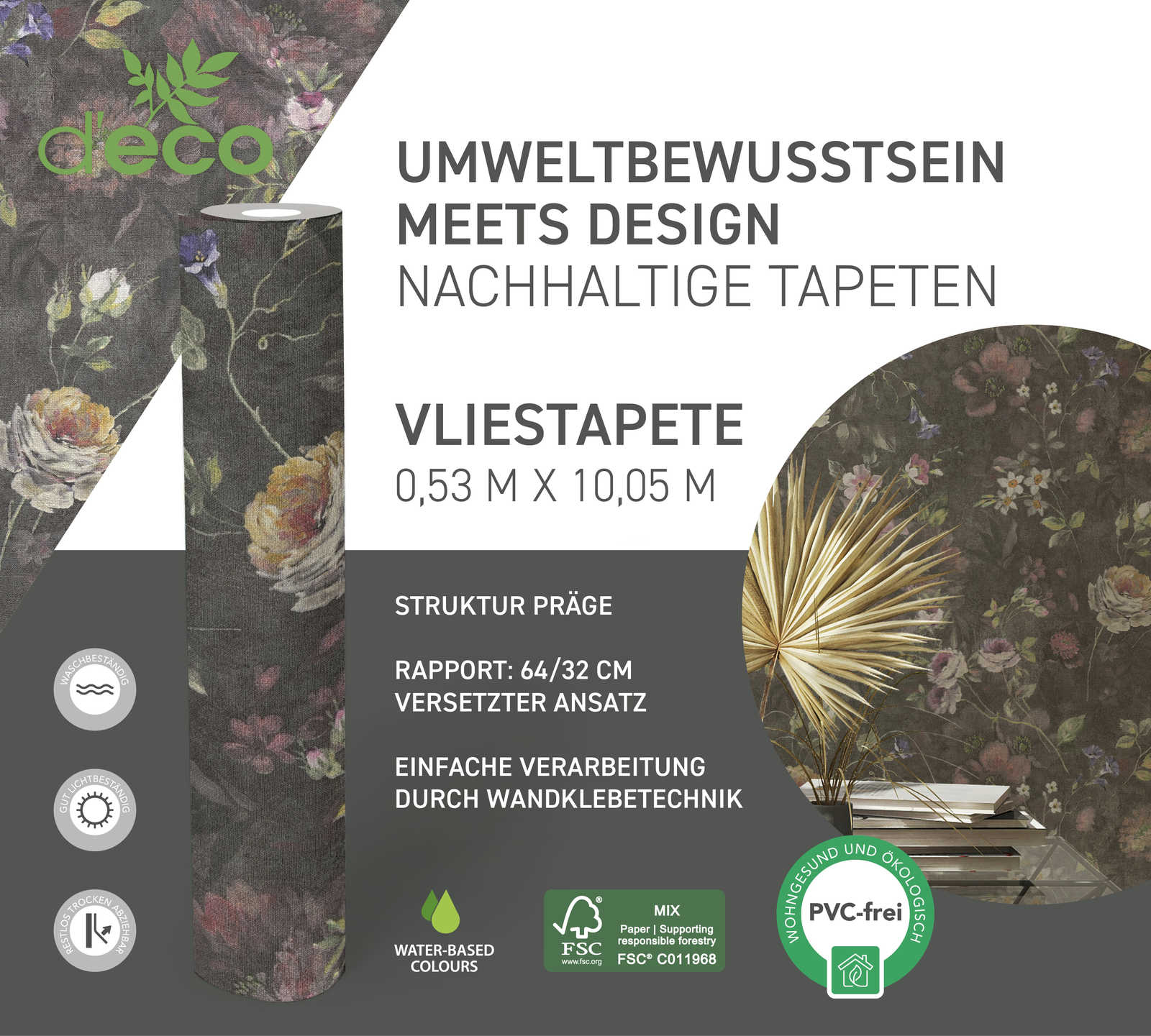             Papier peint intissé floral avec motif à fleurs sans PVC - noir, multicolore, vert
        