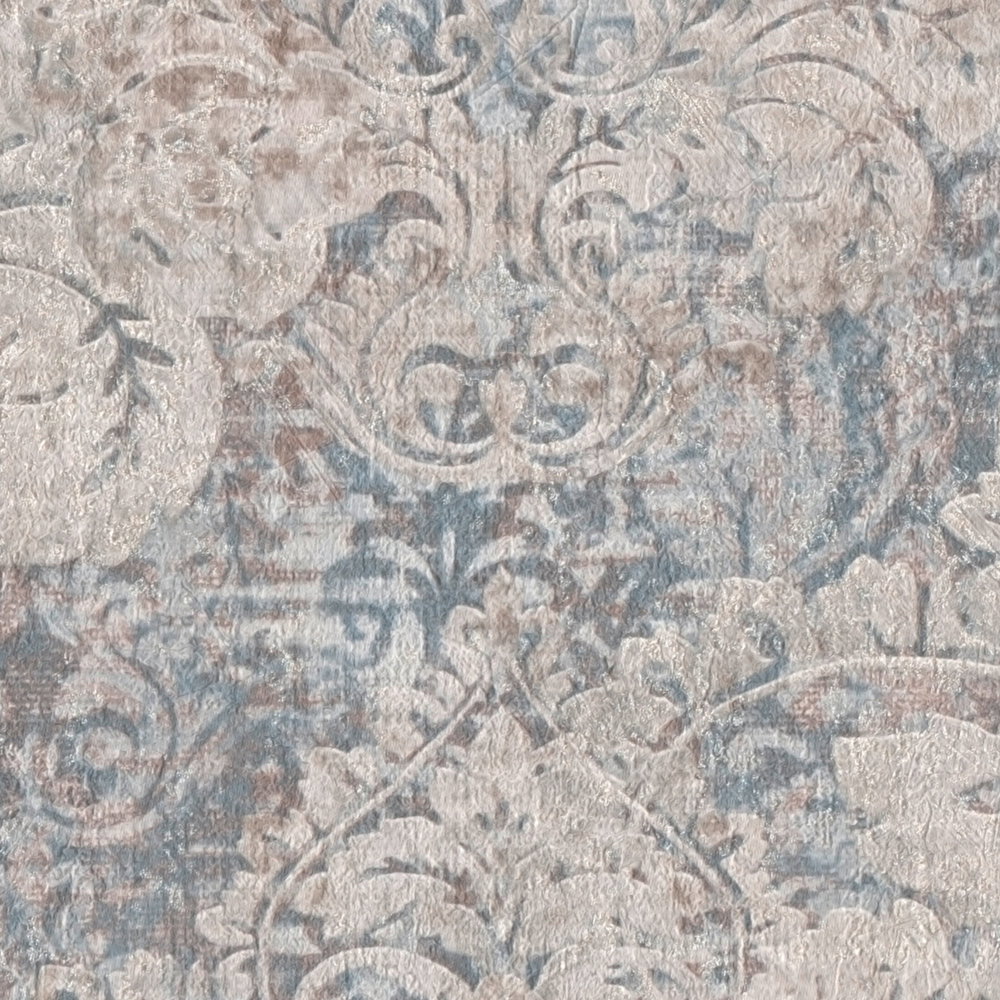 Ornament Tapete Used im floralen Vintage Stil – Beige, Blau