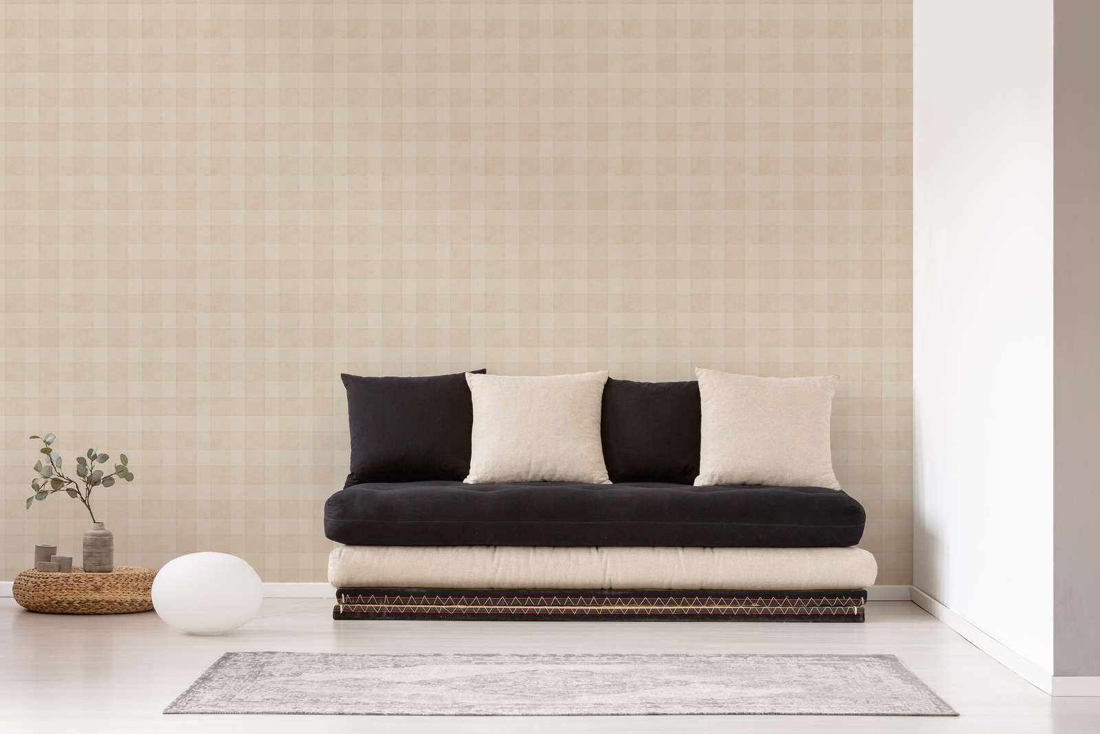             Vliestapete PVC-frei Karomuster mit Leinenoptik – Beige
        