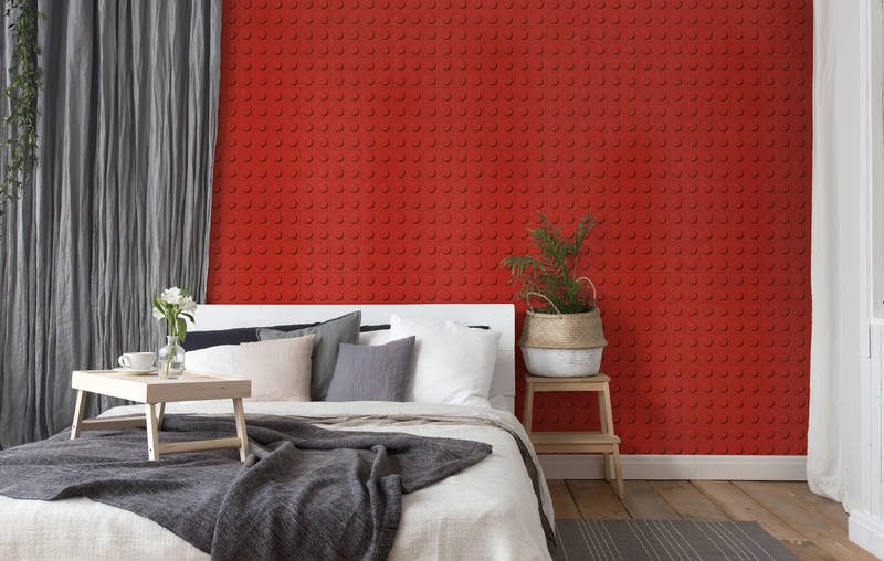 Schlafzimmer, roter Wand, Akzentwand, Topfpflanze, Nachttisch