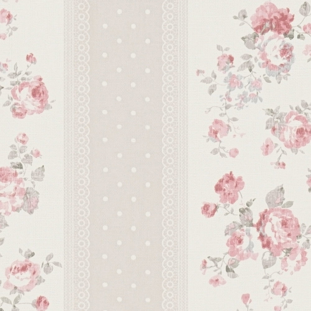 Tapete im Shabby Chic Stil mit floralen und gepunkteten Streifen – Greige, Weiß, Rot
