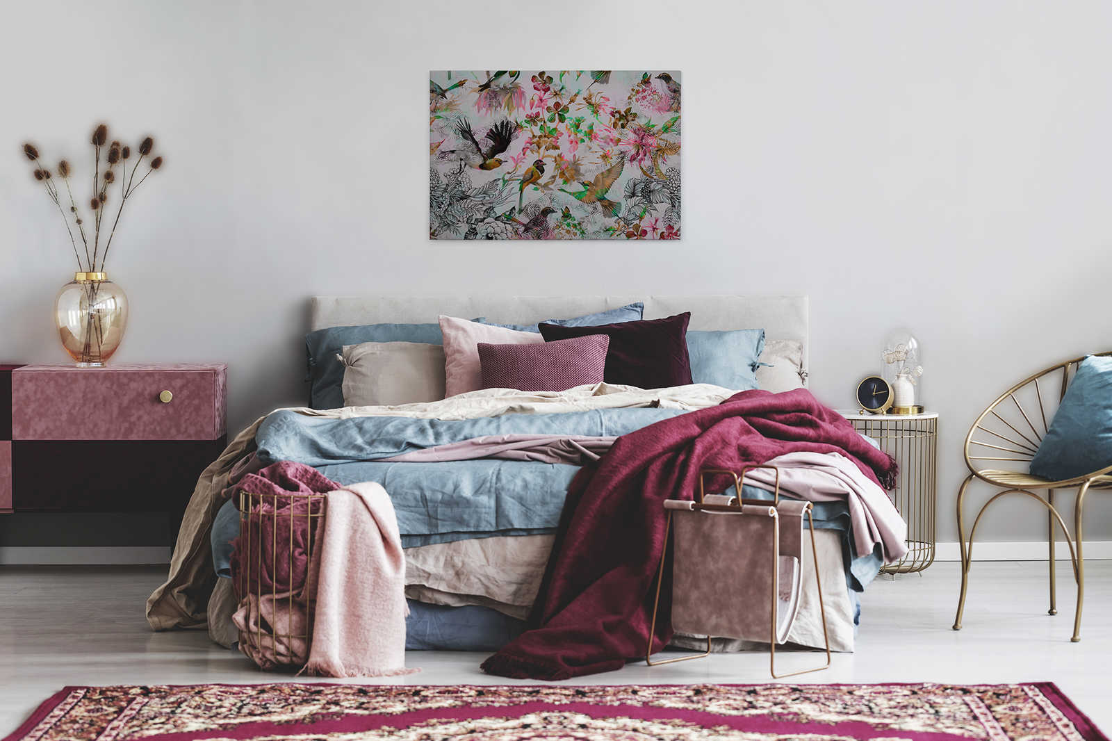 Leinwandbild Vögel &amp; Blumen im Collage Stil – 0,90 m x 0,60 m