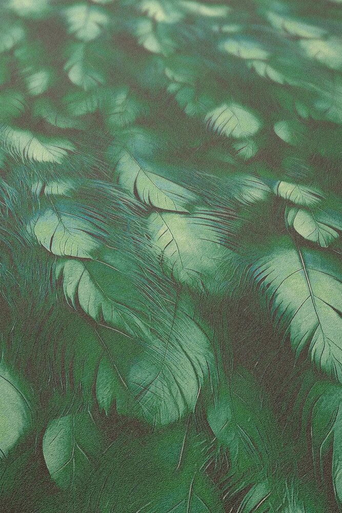             Elegante 3D Feder Design Vliestapete mit glatter Oberfläche – Grün
        