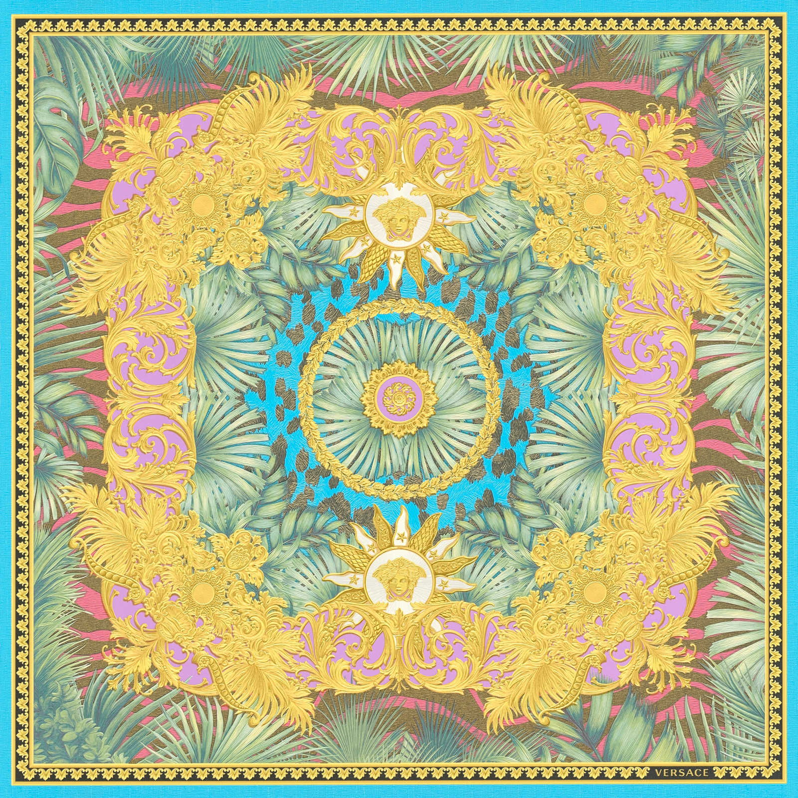 Bunte VERSACE Tapete mit Gold-Ornament und Dschungel Motiv