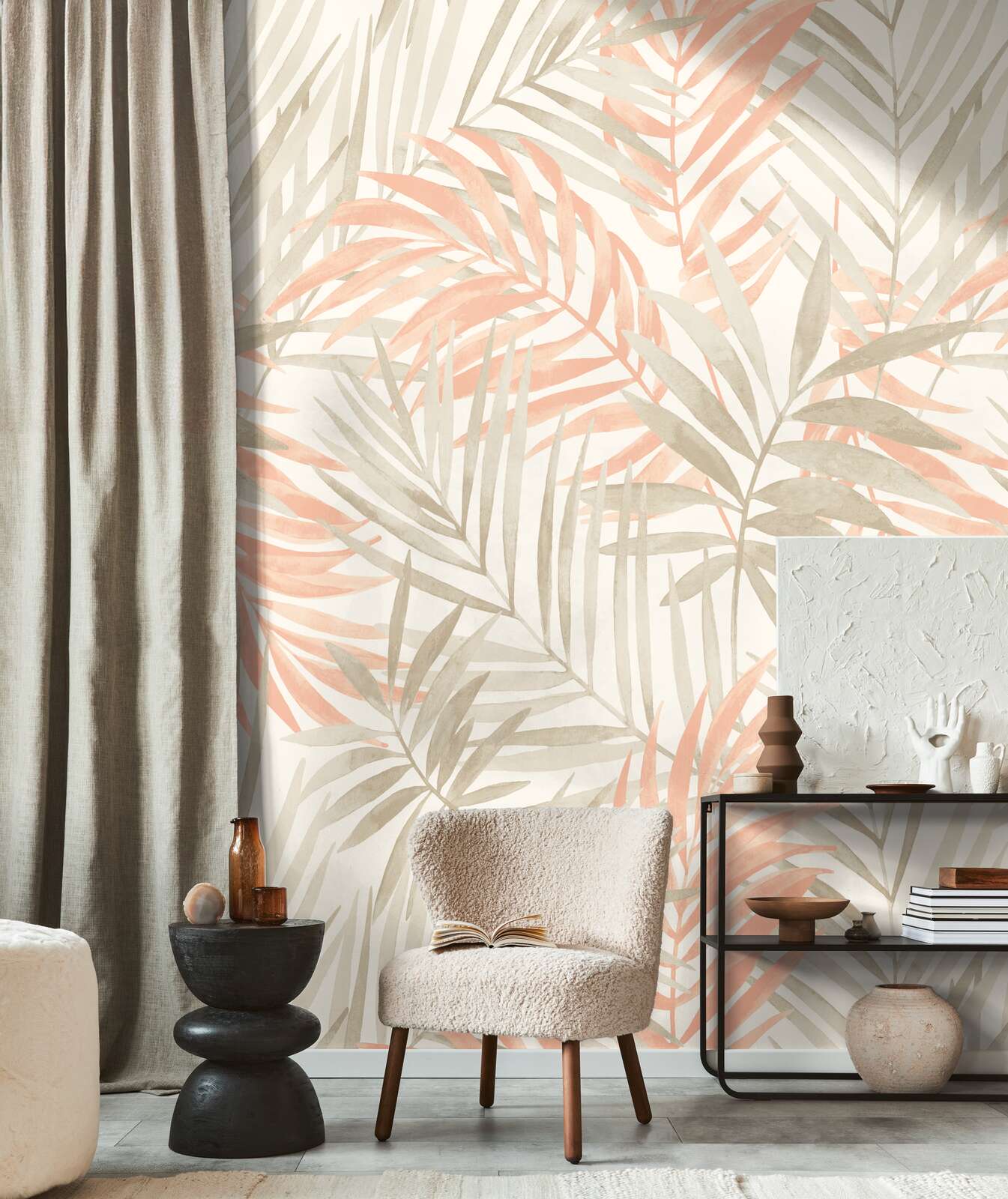Moderne Vliestapete mit tropischen Palmblättern im sanften Pastell Design matt & glatt
