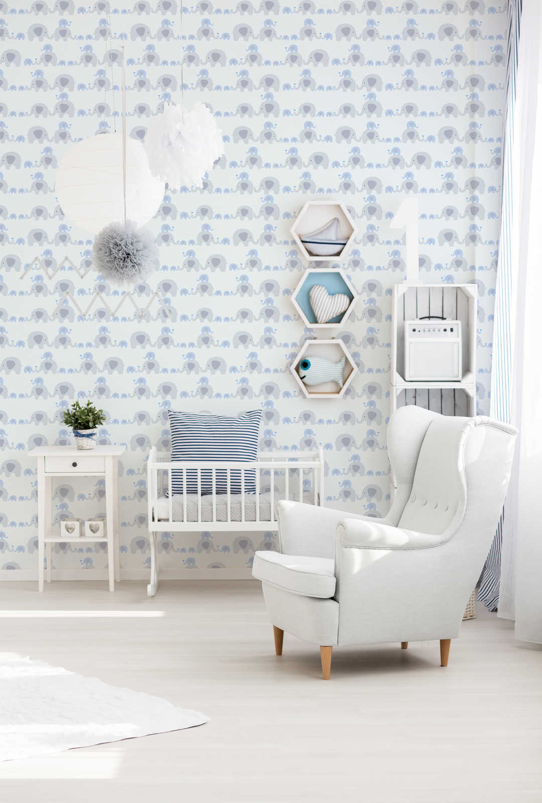 Kinderzimmer Tapete Junge Elefanten – Blau, Grau, Weiß