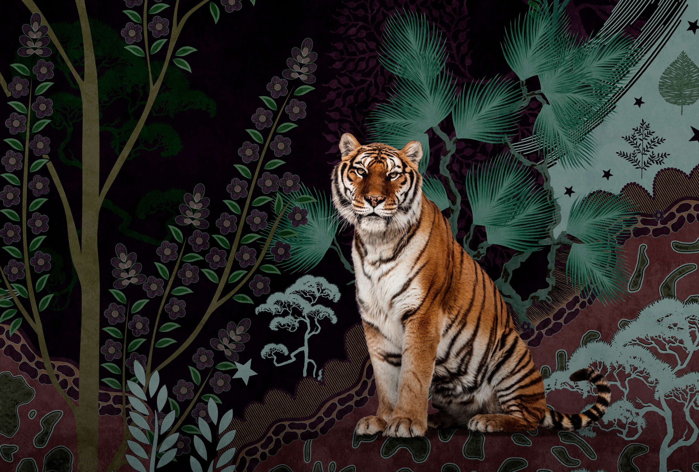 Fototapete »khan« - Abstraktes Jungle-Motiv mit Tiger – Glattes, leicht glänzendes Premiumvlies