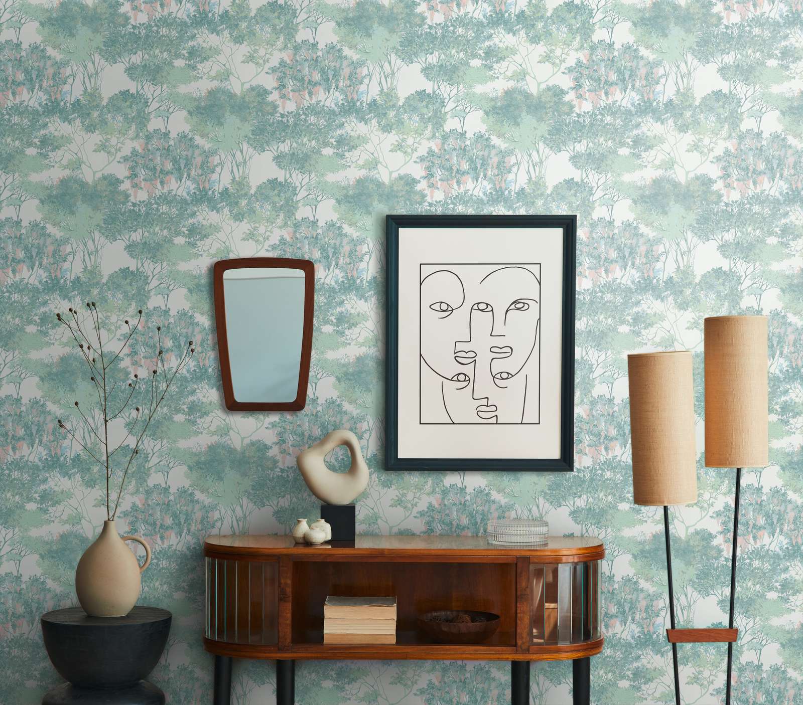             Vliestapete im Dschungelstyle mit Bäumen – Bunt, Grün, Weiß
        