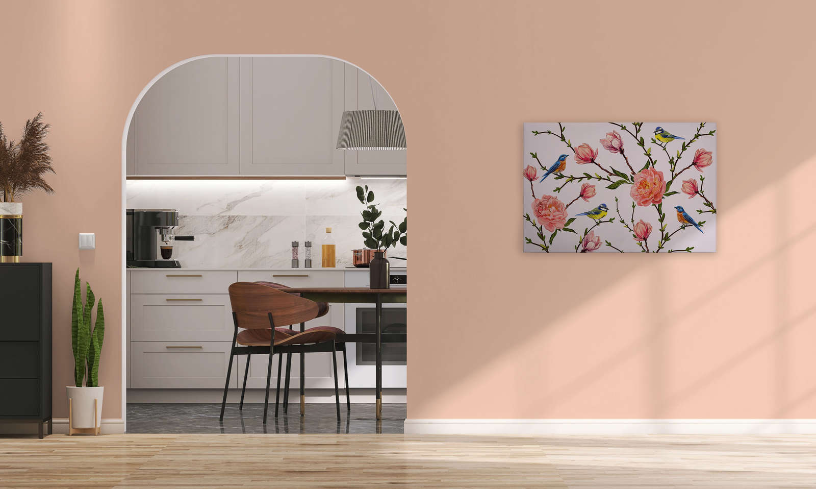             Leinwand Vögel & Blumen minimalistisch – 0,90 m x 0,60 m
        