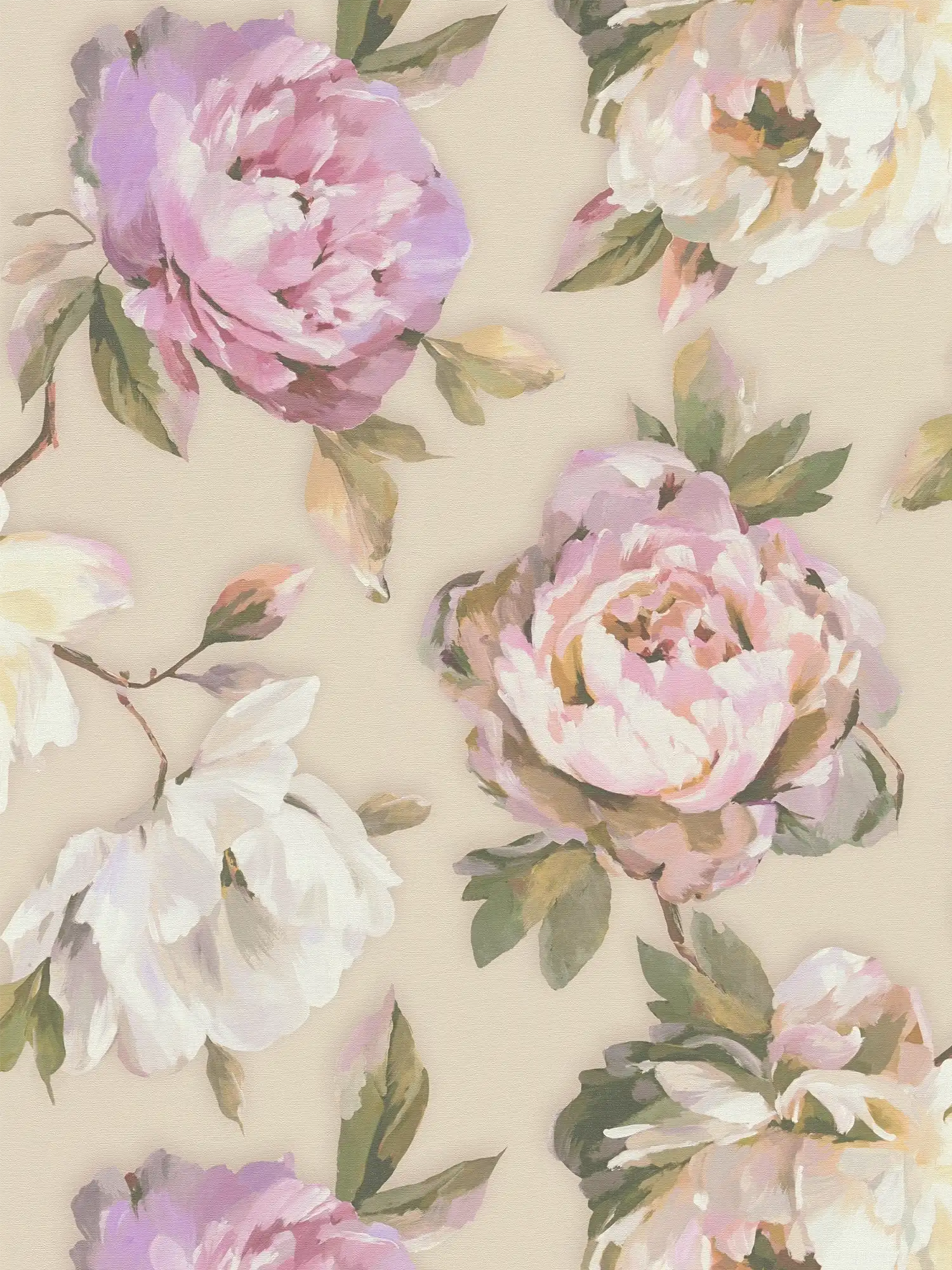         Vliestapete mit malerischen Rosenblüten im Aquarellook – Violett, Pink, Grün
    