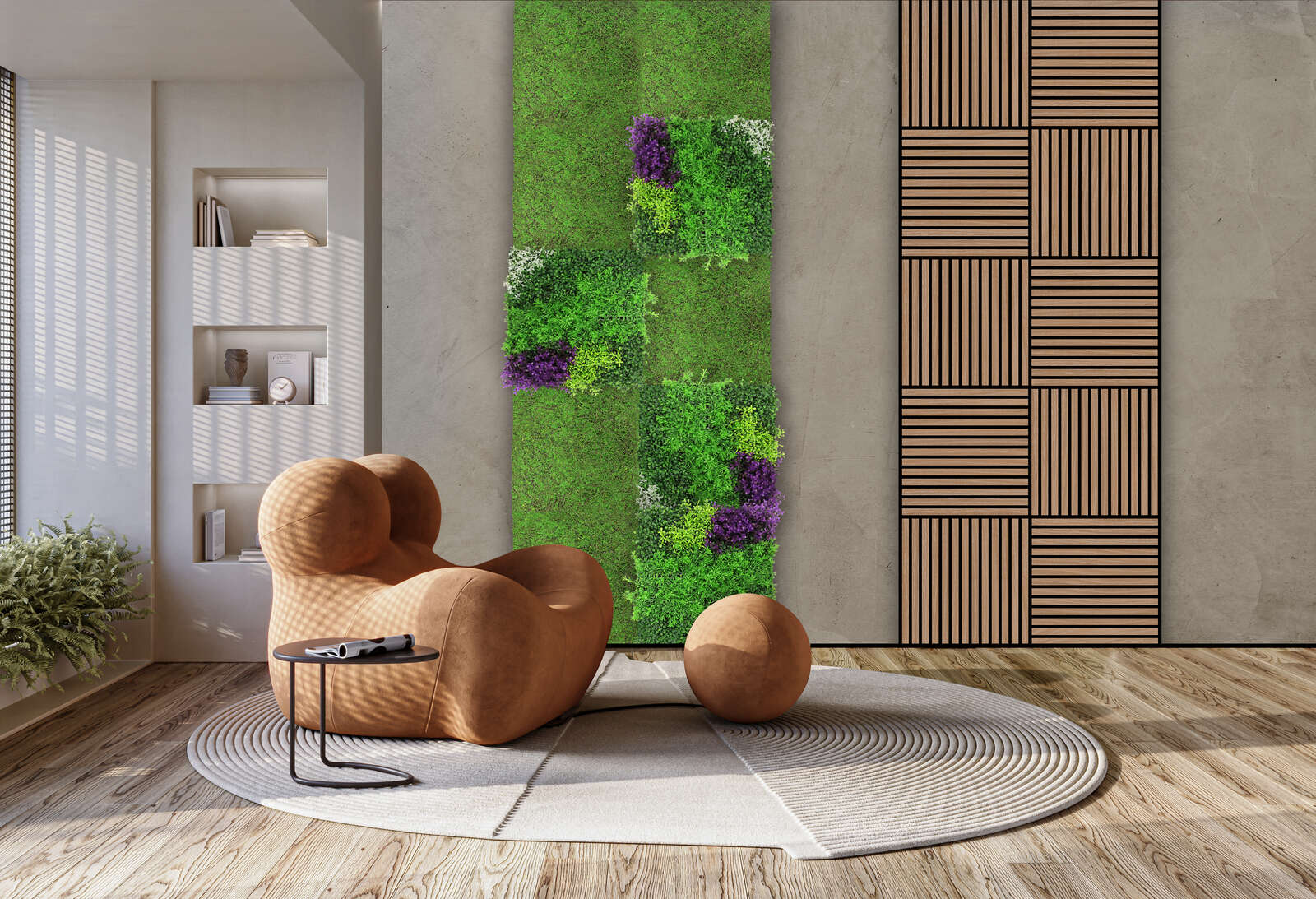 sofa, orange, round, Wohnzimmer, Pflanzenwand