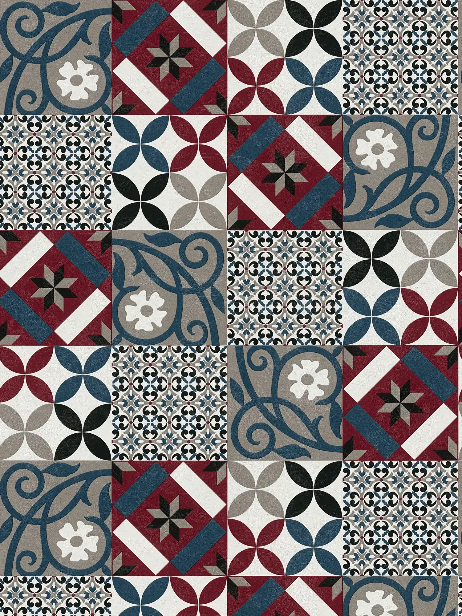         Tile wallpaper mosaic & flower pattern - black, red, blue
    