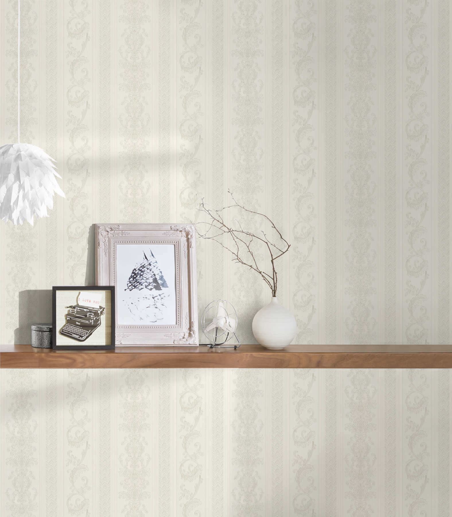 Tapete opulentes Streifen Design mit Ornamenten – Creme, Grau