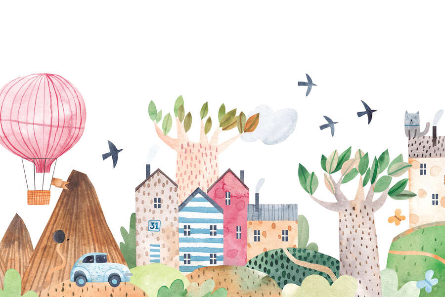            Kinderzimmer Fototapete abenteuerliche Fantasielandschaft mit Heißluftballon und fröhlichem Dorf – Bunt
        