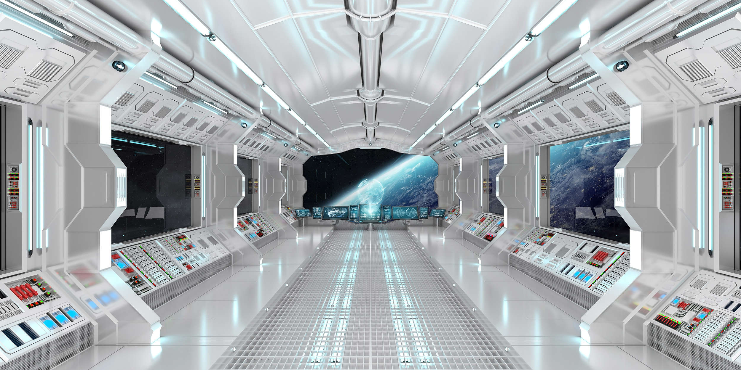             Sci-Fi Design Wandtapete – Fototapete 3D mit Raumstation und Planetenansicht – Weiß, Blau
        