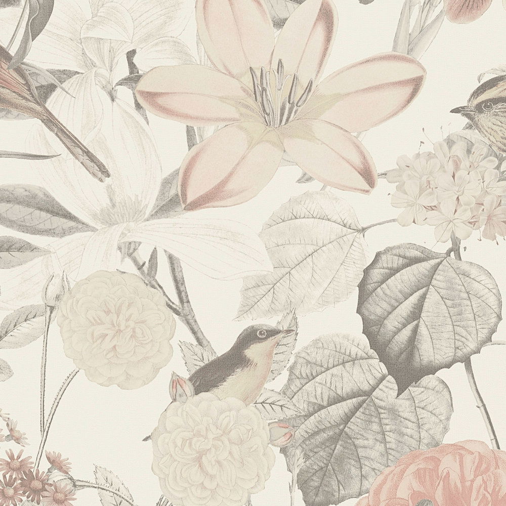             Tapete exotische Blüten & Vogel-Motiv – Grau, Rosa, Orange
        