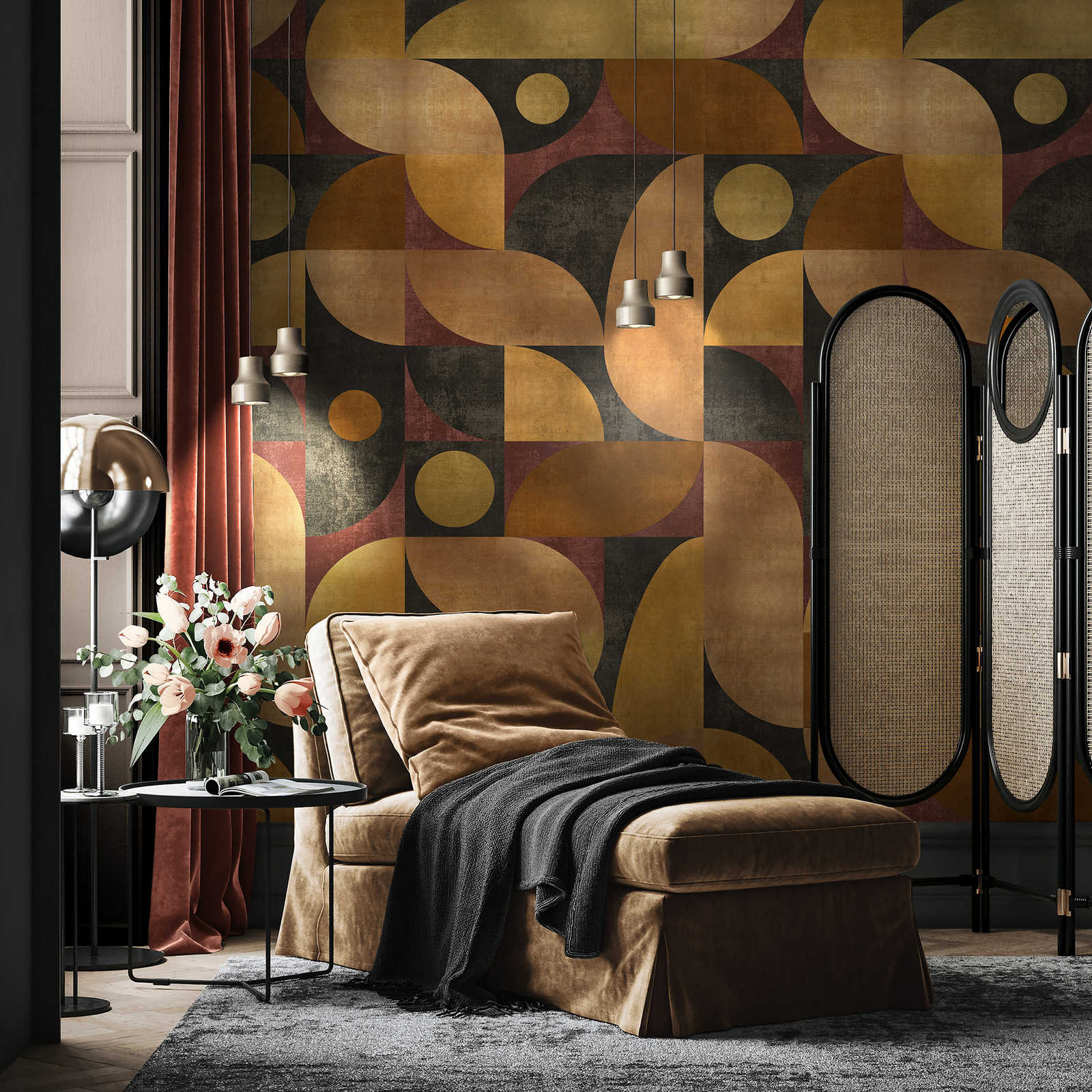 Sofa, Sessel, Wandtapete, Geometrische Tapete, Bodenlampe