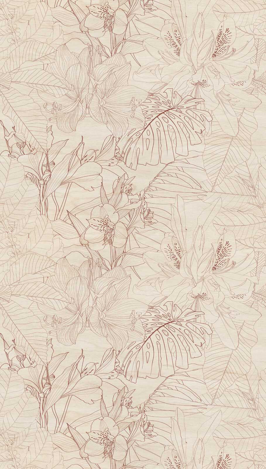 Tropische Blätter, Monstera, Blumendesign, Linienzeichnung, Rosa-Beige