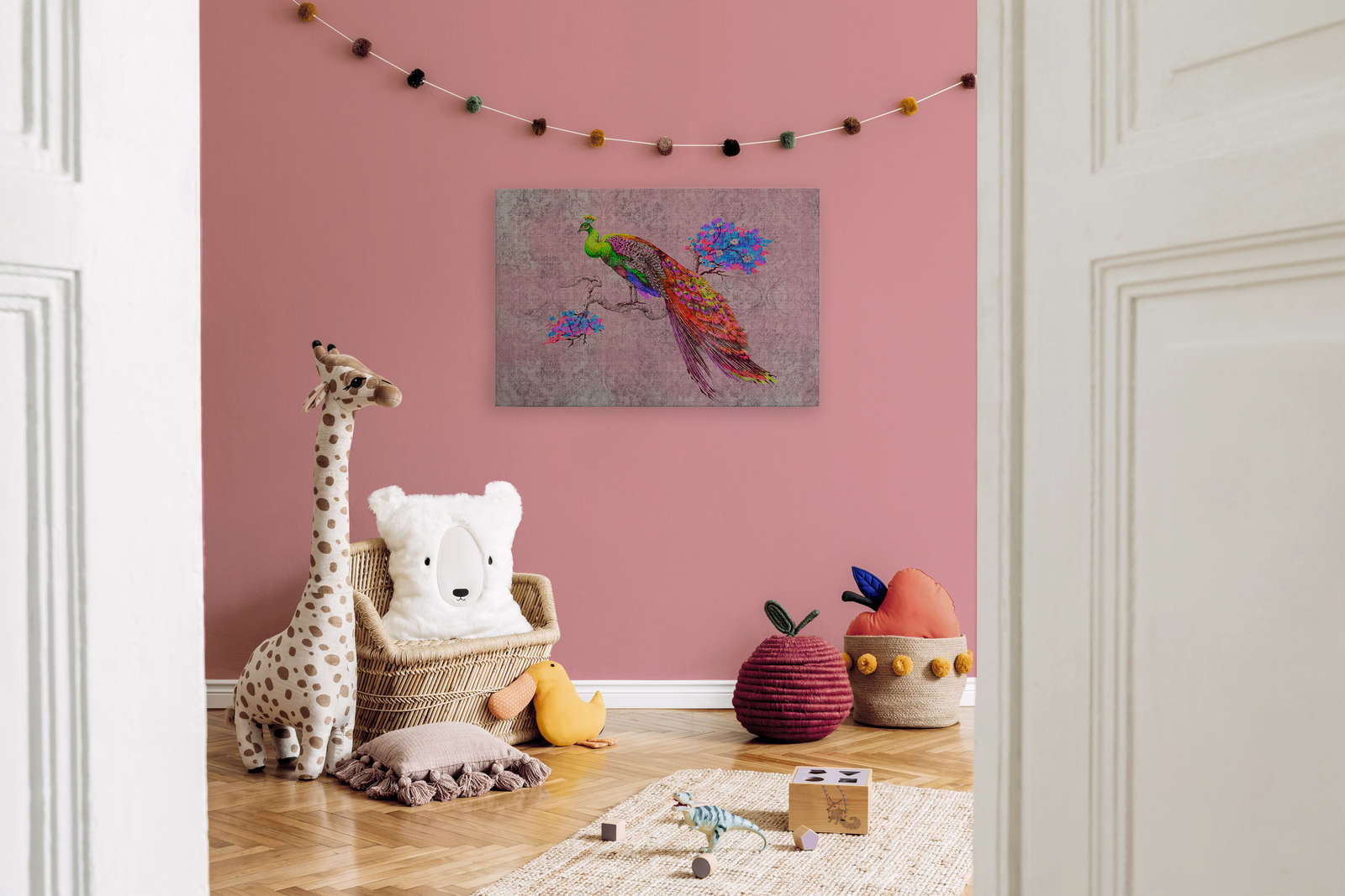 Peacock 2 - Leinwandbild mit Pfau Motiv &amp; Ornament Muster in naturleinen Struktur – 0,90 m x 0,60 m