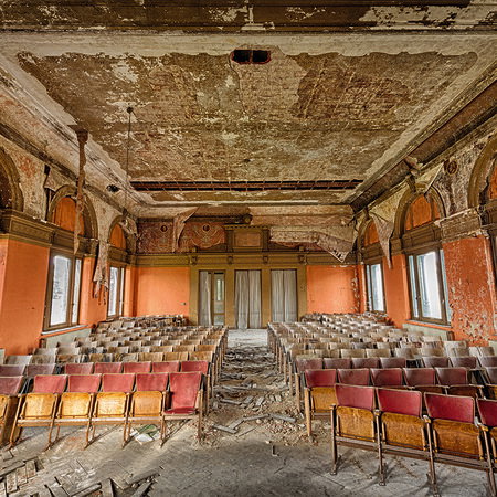 Saal, Verfall, Sitzbank, Auditorium, Rostbraun