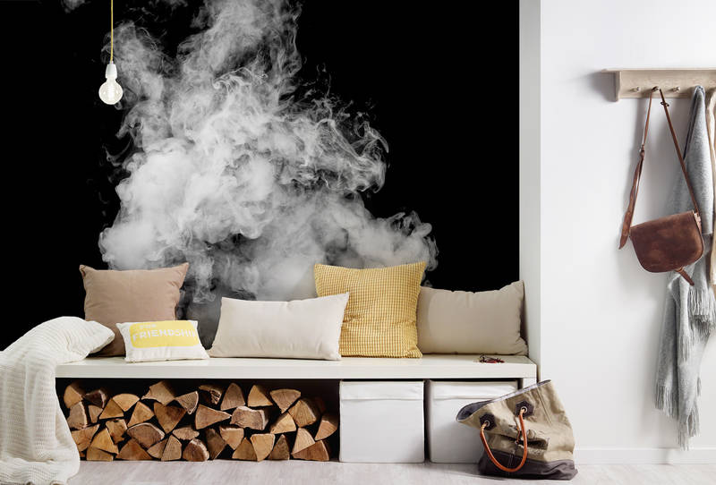sofa, cushions, fireplace, firewood, storage